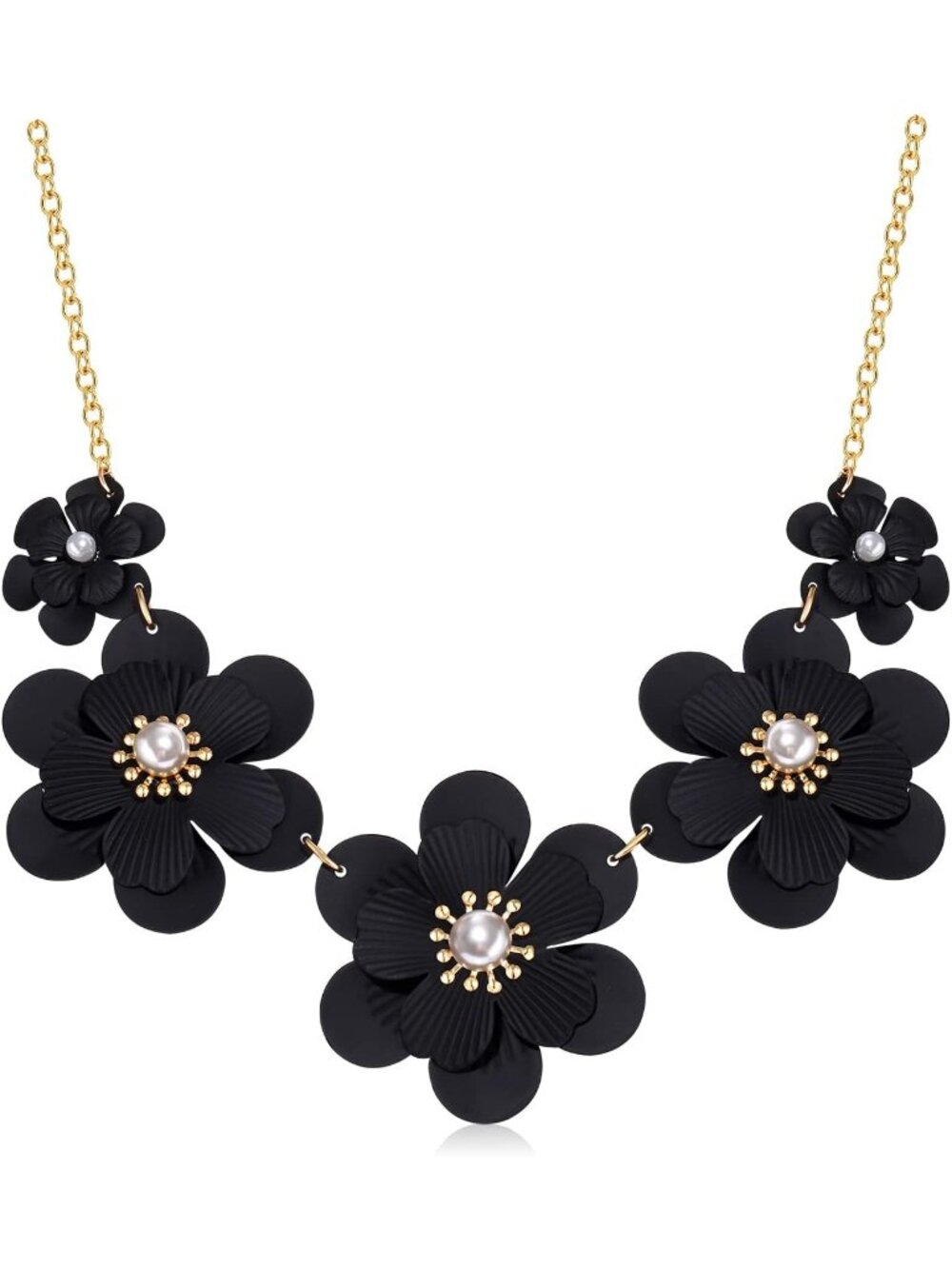 Women's Dark Black Flower Matte Enamel Pearl Charm Choker Statement Necklace